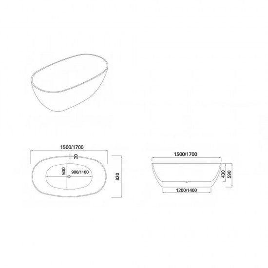1700x820x580mm Matt White Oval Bathtub Freestanding Acrylic Apron Bath Tub