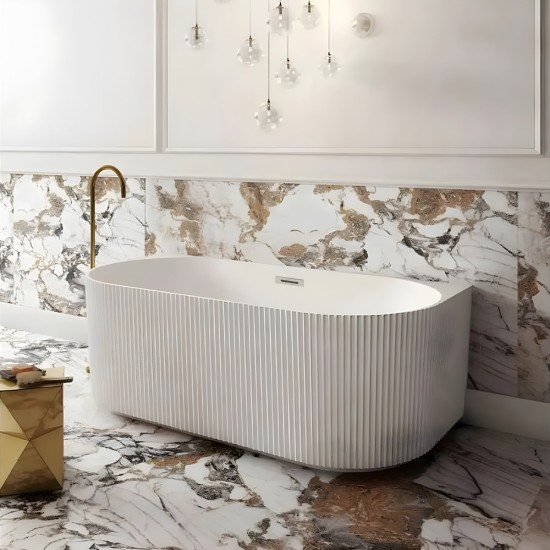 1500x750x580mm Flutted V-Groove Back To Wall Bathtub Acrylic Gloss White Bath Tub