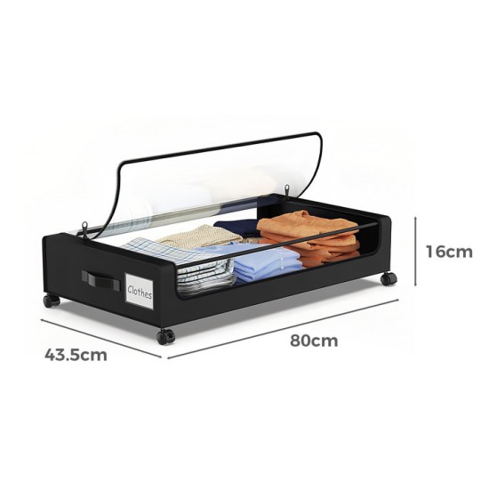 2 PCS Under Bed Storage Containers with Wheels with Clear Lids Rolling Trolley Box Organizer for Shoes, Clothes, Blankets Black
