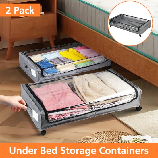 2 PCS Under Bed Storage Containers with Wheels with Clear Lids Rolling Trolley Box Organizer for Shoes, Clothes, Blankets Grey