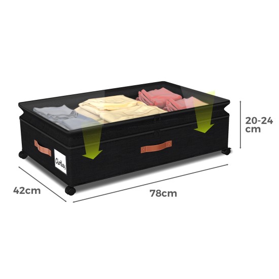 Height Adjustable Under Bed Storage Containers with Wheels Visible Cover Rolling Trolley Box Organizer for Shoes, Clothes, Blankets Black