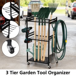 3 Tier Heavy Duty Garden Tool Organizer Rack with Wheels | Metal Rolling Storage Cart for Garage, Yard, Patio, Shed & Indoor/Outdoor Use 3 Tier Heavy Duty Garden Tool Organizer Rack with Wheels | Metal Rolling Storage Cart for Garage, Yard, Patio, Shed & Indoor/Outdoor Use