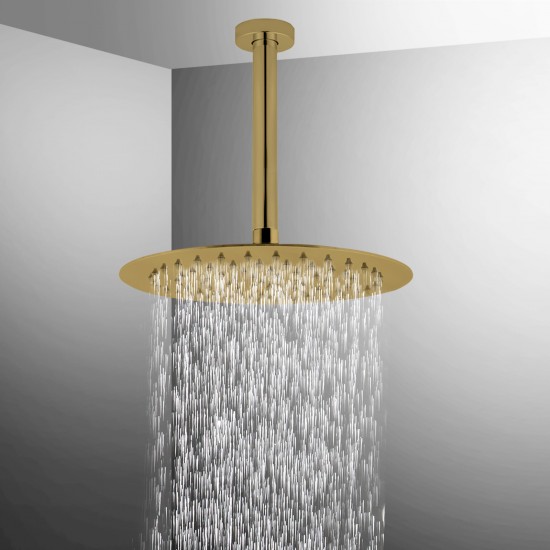10 inch Super-slim Round Brushed Yellow Gold Rainfall Shower Head w 300mm Ceiling Mounted Shower Arm