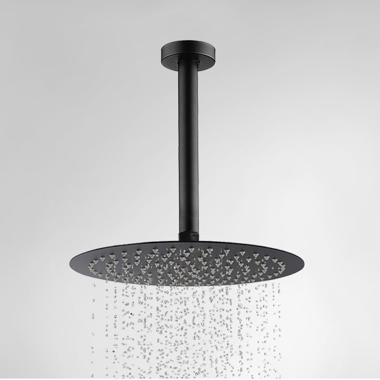 Round Matte Black 250mm Rainfall Shower Head with Ceiling Mounted Shower Arm