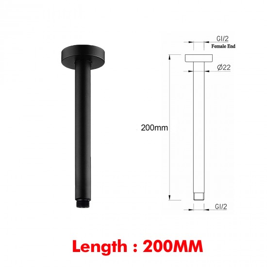 Round Matte Black 200mm ABS Shower Head with Ceiling Mounted Shower Arm