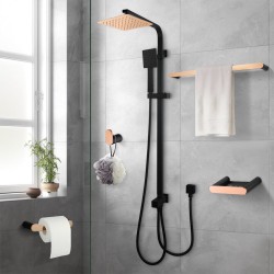 8 Inch Rose Gold & Black Square Bathroom Hardware Set - Twin Shower, Robe Hook, Soap Dish, Toilet Paper Holder, Towel Rail 8 Inch Rose Gold & Black Square Bathroom Hardware Set - Twin Shower, Robe Hook, Soap Dish, Toilet Paper Holder, Towel Rail