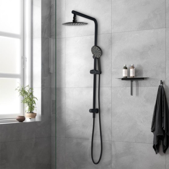 8 inch Round Matte Black Twin Shower Set Selectable Top/Bottom Water Inlet with Push Button Diverter 8 inch Round Matte Black Twin Shower Set Selectable Top/Bottom Water Inlet with Push Button Diverter