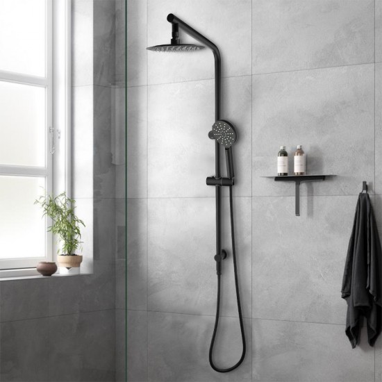 8 inch Round Matte Black Twin Shower Set Selectable Top/Bottom Water Inlet with Push Button Diverter