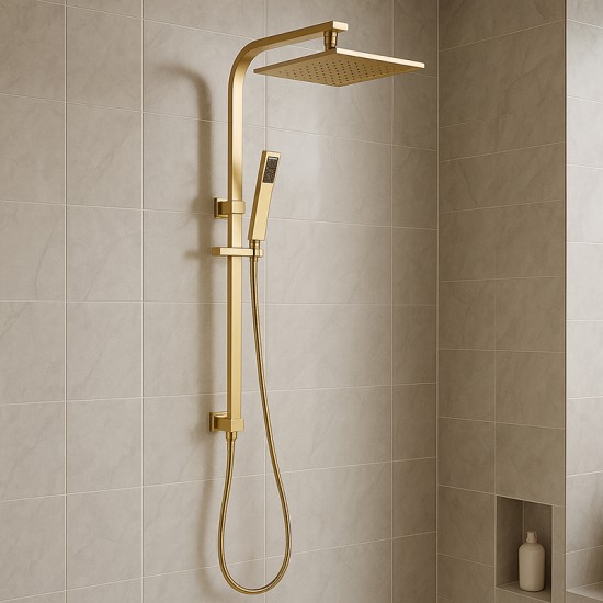 10 inch 250mm Square Brushed Yellow Gold Twin Shower Set Top Water Inlet