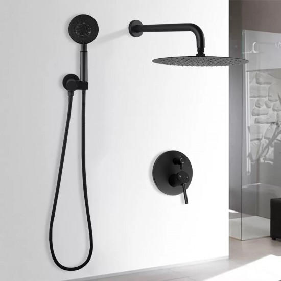 Round Matte Black Rainfall Shower Head And Fixed Hand Shower Bathroom Twin Shower Set With Wall Mixer