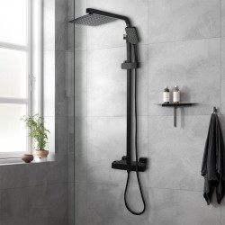8 inch Square Matte Black Twin Shower Set with Thermostatic Mixer Bottom Water Inlet Adjustable Rail 8 inch Square Matte Black Twin Shower Set with Thermostatic Mixer Bottom Water Inlet Adjustable Rail