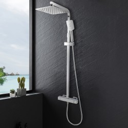 8 inch Square Chrome Twin Shower Set with Thermostatic Mixer Bottom Water Inlet Adjustable Rail 8 inch Square Chrome Twin Shower Set with Thermostatic Mixer Bottom Water Inlet Adjustable Rail