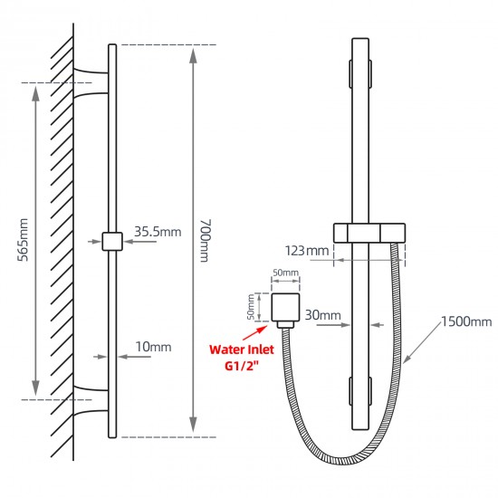 Square Black Wall Mounted Sliding Rail with Handheld Shower and Water Hose & Wall Connector