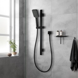 Square Black Wall Mounted Sliding Rail with Handheld Shower and Water Hose & Wall Connector Square Black Wall Mounted Sliding Rail with Handheld Shower and Water Hose & Wall Connector