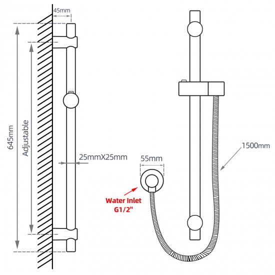 Round Black Adjustable Shower Rail with Round Black Handheld Shower