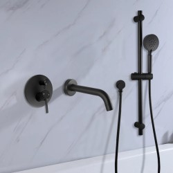 Round Matte Black Water Spout And Slide Shower Bathroom Set  Bathtub tap With Wall Mixer Round Matte Black Water Spout And Slide Shower Bathroom Set  Bathtub tap With Wall Mixer