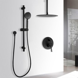 Round Matte Black Rainfall Shower Head And Slide Shower Bathroom Twin Shower Set With Wall Mixer Round Matte Black Rainfall Shower Head And Slide Shower Bathroom Twin Shower Set With Wall Mixer