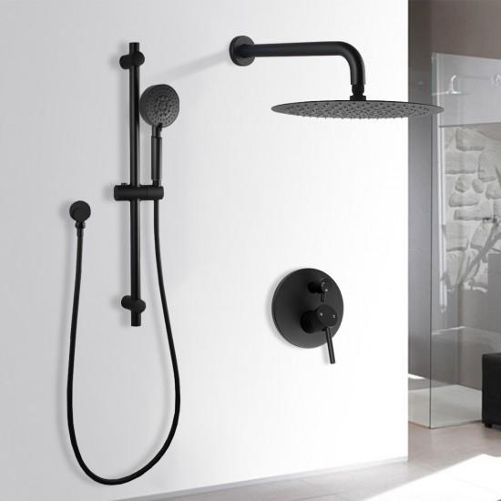 Round Matte Black Rainfall 12inch Shower Head And Slide Shower Bathroom Twin Shower Set With Wall Mixer
