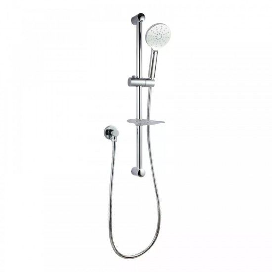 Round Chrome Shower Rail Sliding Holder with Soap Dish Water Hose & Wall Connector