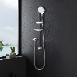Round Chrome Shower Rail Sliding Holder with Soap Dish Water Hose & Wall Connector Round Chrome Shower Rail Sliding Holder with Soap Dish Water Hose & Wall Connector