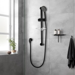 Round Black Shower Rail Sliding Holder with Soap Dish Water Hose & Wall Connector Round Black Shower Rail Sliding Holder with Soap Dish Water Hose & Wall Connector