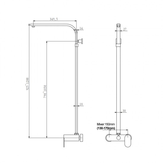 8 inch Square Bottom Water Inlet Black Twin Shower Set With Mixer