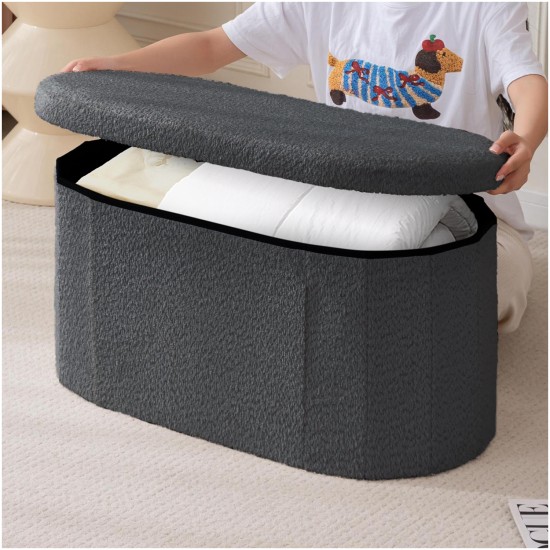 108L Oval Boucle Folding Ottoman Storage Bench Foldable Chair Deep Gray 108L Oval Boucle Folding Ottoman Storage Bench Foldable Chair Deep Gray