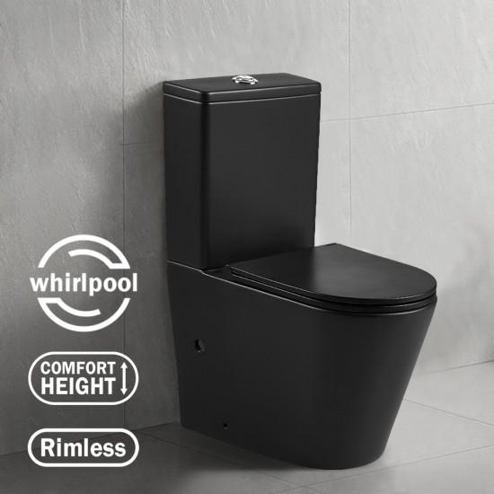 670x360x850mm Bathroom Whirlpool Ultra Quiet Comfort Height Ceramic Rimless Toilet Suite Matt Black