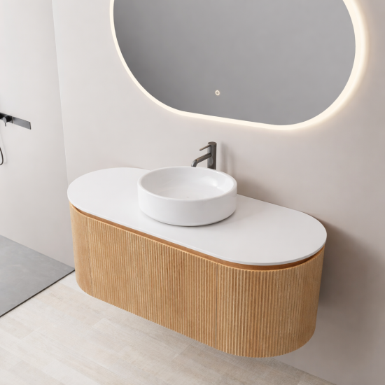 Mora 1200X520X450mm Plywood Light Oak Fluted Racetrack-Shaped Vanity With Flat Top Mora 1200X520X450mm Plywood Light Oak Fluted Racetrack-Shaped Vanity With Flat Top
