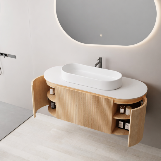 Mora 1200X520X450mm Plywood Light Oak Fluted Racetrack-Shaped Vanity With Flat Top Mora 1200X520X450mm Plywood Light Oak Fluted Racetrack-Shaped Vanity With Flat Top