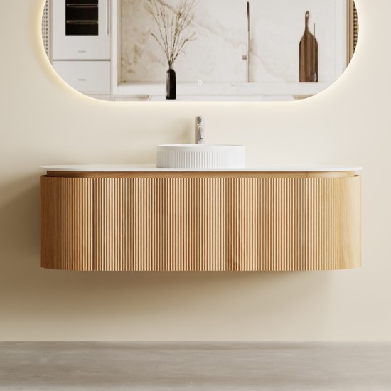 Mora 1200X520X450mm Plywood Light Oak Fluted Racetrack-Shaped Vanity With Flat Top Mora 1200X520X450mm Plywood Light Oak Fluted Racetrack-Shaped Vanity With Flat Top