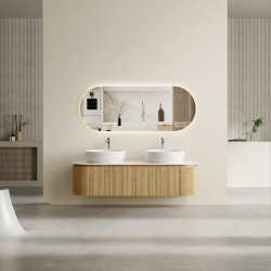 Mora 1500X520X450mm Plywood Light Oak Fluted Racetrack-Shaped Vanity With Flat Top Mora 1500X520X450mm Plywood Light Oak Fluted Racetrack-Shaped Vanity With Flat Top