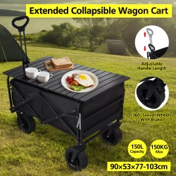 Foldable Outdoor Wagon Trolley Cart Folding Dining Table Metal Frame Collapsible 360° Swivel Wheel with Brake Storage Car Adjustable Handle Camping  Picnic