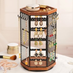360° Rotatable Jewellery Organizer Wood Metal Hexagon Jewelry Stand Box Necklace Earring Hook Ring Storage Rack Gift 360° Rotatable Jewellery Organizer Wood Metal Hexagon Jewelry Stand Box Necklace Earring Hook Ring Storage Rack Gift