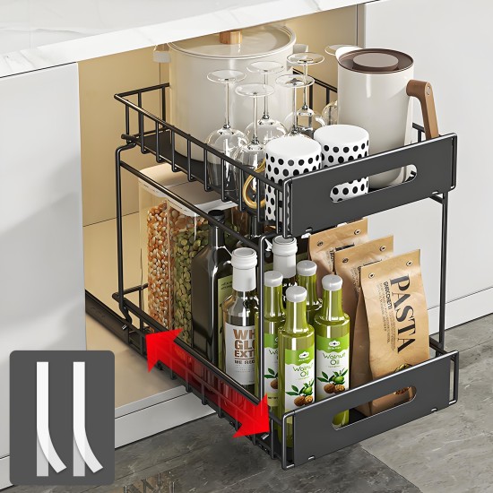 2-Tier Under-Sink Pull-Out Organizer, No-Drill Installation Sliding Bathroom/Kitchen Cabinet Storage Basket Black 2-Tier Under-Sink Pull-Out Organizer, No-Drill Installation Sliding Bathroom/Kitchen Cabinet Storage Basket Black