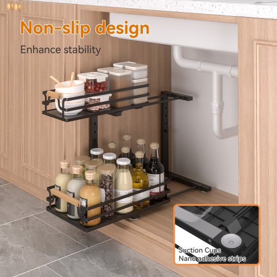 2 Tier Slide Out Under Sink Organizers And Storage, Height Adjustable Wooden Handle Pull Out Cabinet Organizer Drawers Black 2 Tier Slide Out Under Sink Organizers And Storage, Height Adjustable Wooden Handle Pull Out Cabinet Organizer Drawers Black