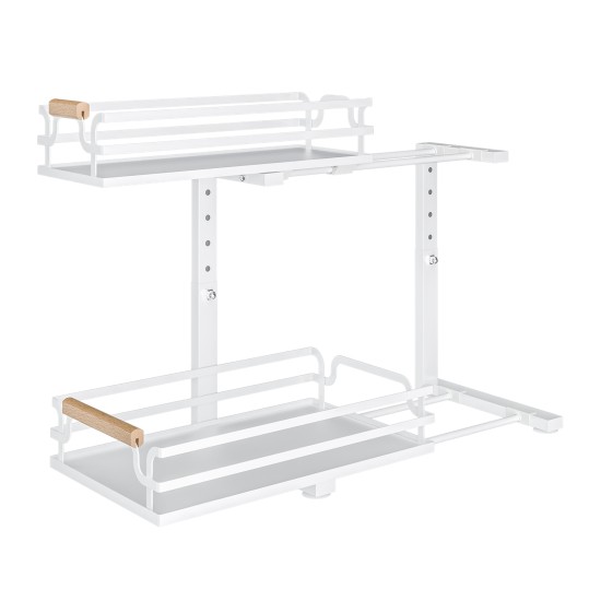 2 Tier Slide Out Under Sink Organizers And Storage, Height Adjustable Wooden Handle Pull Out Cabinet Organizer Drawers White