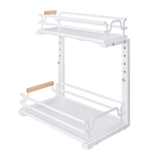 2 Tier Slide Out Under Sink Organizers And Storage, Height Adjustable Wooden Handle Pull Out Cabinet Organizer Drawers White