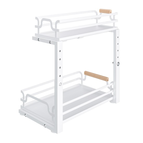 2 Tier Slide Out Under Sink Organizers And Storage, Height Adjustable Wooden Handle Pull Out Cabinet Organizer Drawers White