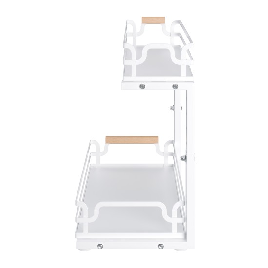 2 Tier Slide Out Under Sink Organizers And Storage, Height Adjustable Wooden Handle Pull Out Cabinet Organizer Drawers White