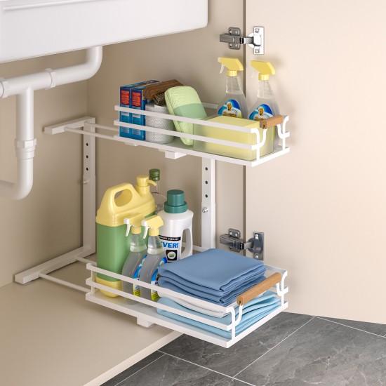 2 Tier Slide Out Under Sink Organizers And Storage, Height Adjustable Wooden Handle Pull Out Cabinet Organizer Drawers White 2 Tier Slide Out Under Sink Organizers And Storage, Height Adjustable Wooden Handle Pull Out Cabinet Organizer Drawers White