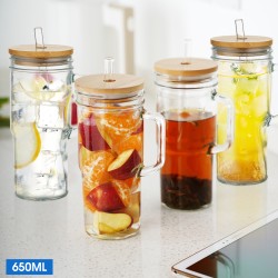 4x650ml Mason Jar Glass Tumbler Iced Drinking Tea Coffee Beer Cups Handle Lids Brushes Straws Gift
