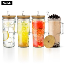 4x650ml Mason Jar Glass Tumbler Iced Drinking Tea Coffee Beer Cups Handle Lids Brushes Straws Gift