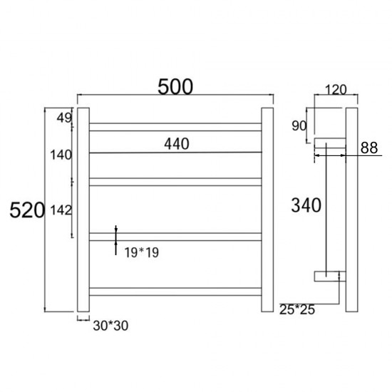 520Hx500Wx120D mm Chrome Square Electric Heated Towel Rack 4 Bars