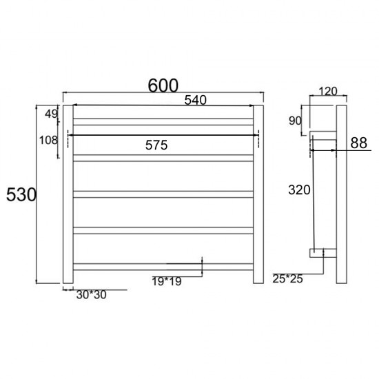 530Hx600Wx120Dmm Square Matt Black Electric Heated Towel Rack 5 Bars