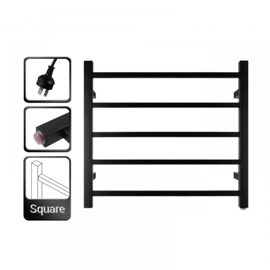 530Hx600Wx120Dmm Square Matt Black Electric Heated Towel Rack 5 Bars