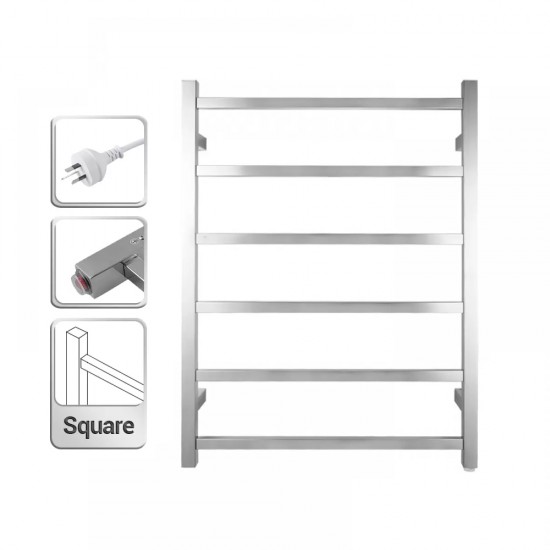 800Hx600Wx120D Square Chrome Electric Heated Towel Rack 6 Bars