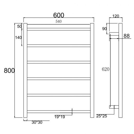 800Hx600Wx120D Square Chrome Electric Heated Towel Rack 6 Bars