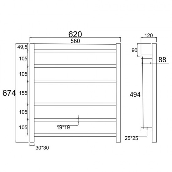 674Hx620Wx120D Square Chrome Electric Heated Towel Rack 6 Bars