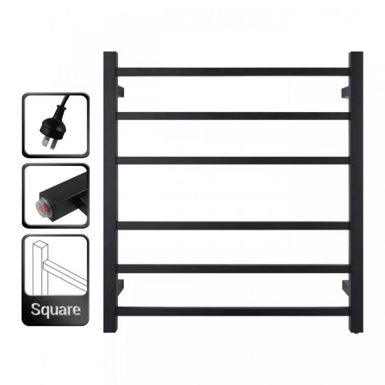 674x620x120mm Square Matt Black Electric Heated Towel Rack 6 Bars